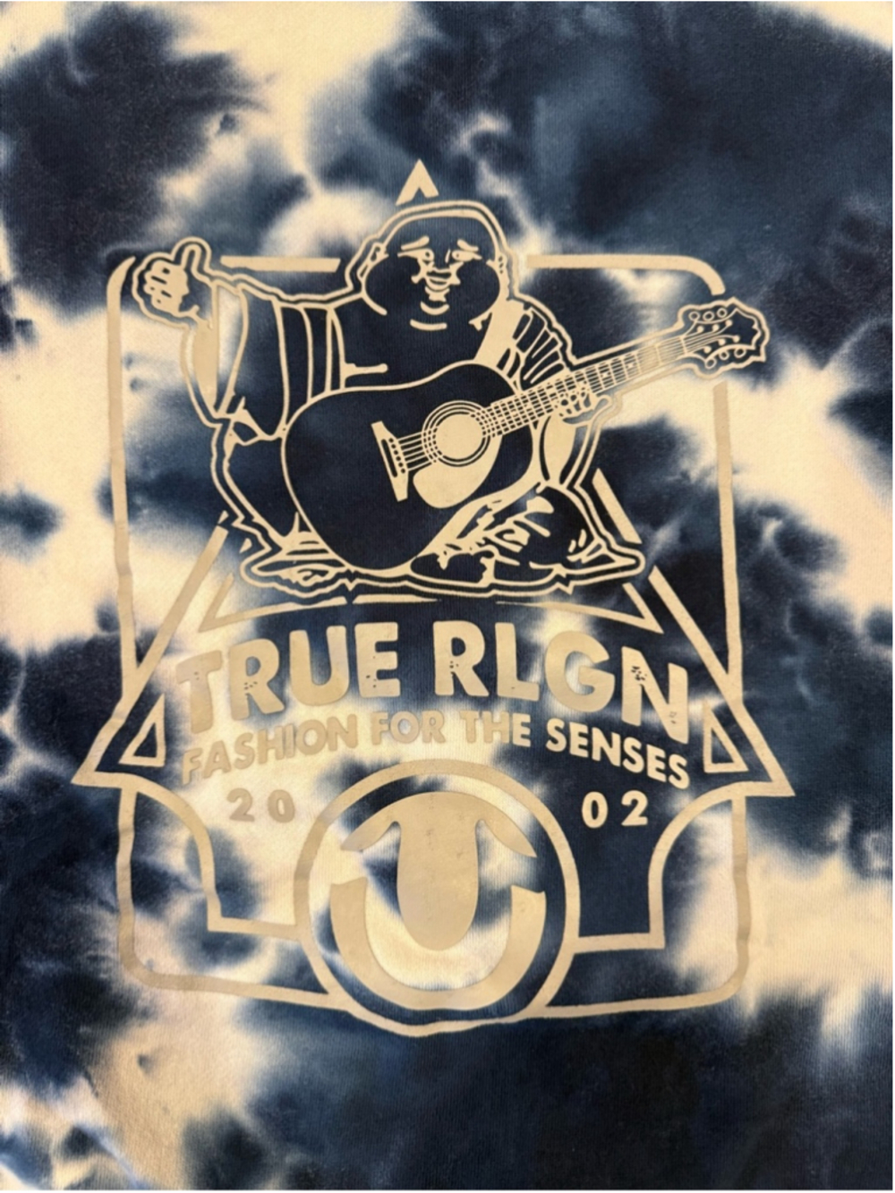 True Religion Blue & White Tie-Dye Buddha Crewneck Sweatshirt Size Medium - Picture 2 of 8